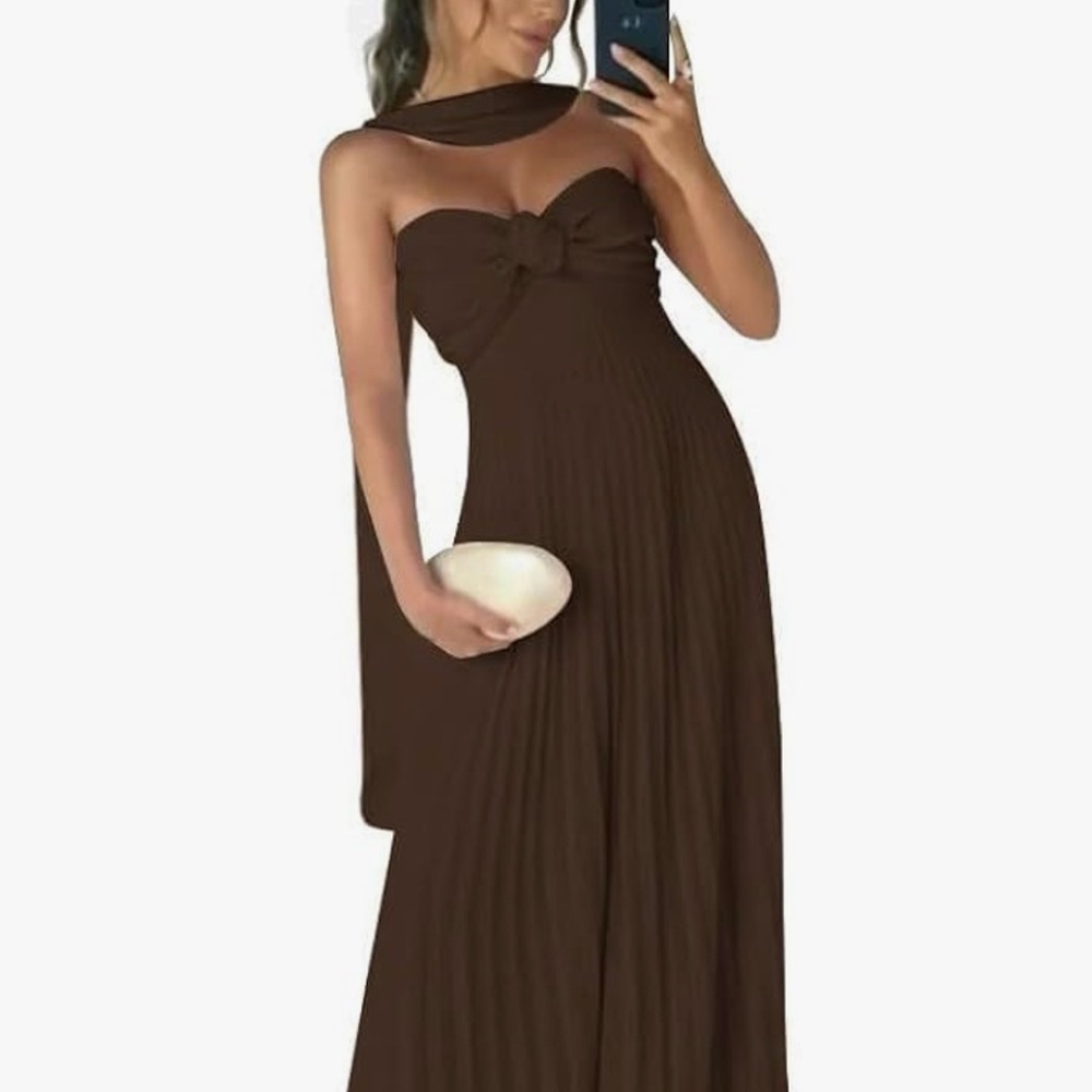 Elegant Brown Strapless Dress with Neck Scarf